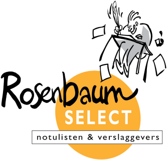 Logo Rosenbaum Select notulisten en verslaggevers. Oranje bal op achtergrond met persoon schrijvend met veer omring door vallend papier en inktpotje