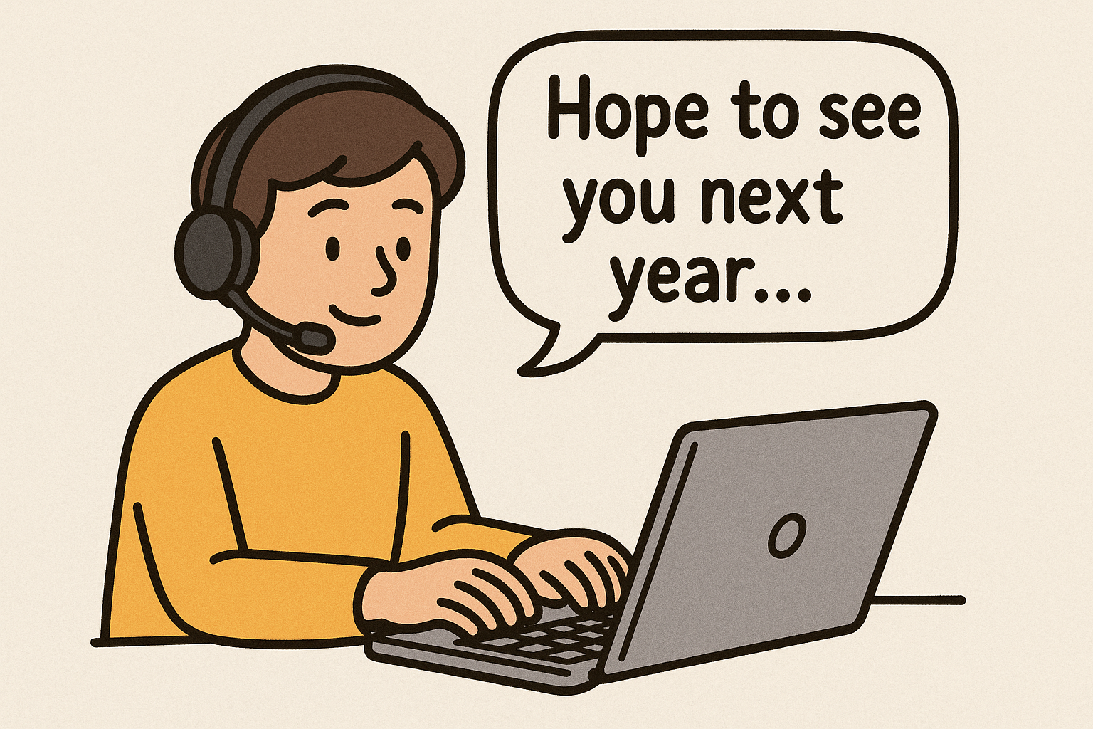 Een persoon met bruin haar en gele trui zit aan tafel, achter een grijze laptop. In het spraakballontje staat: Hope to see you next year